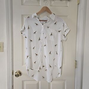 Jane Delancey White Giraffe Print Button Up Short Sleeve Blouse Top Size S NWT